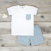 Rapife White T-Shirt & Water Blue Striped Shorts Set front