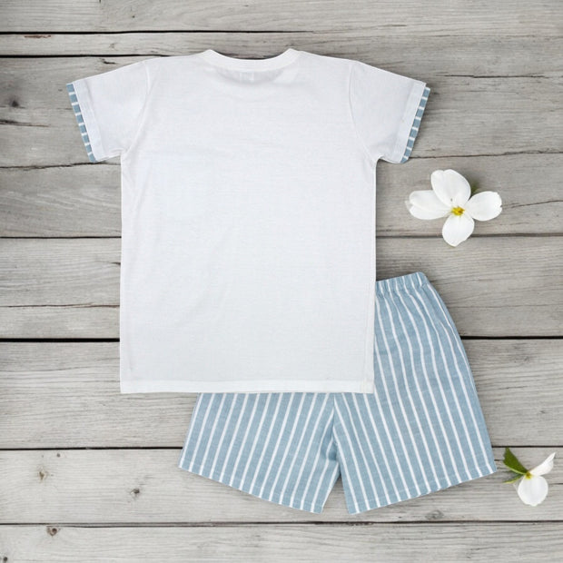 Rapife White T-Shirt & Water Blue Striped Shorts Set rear