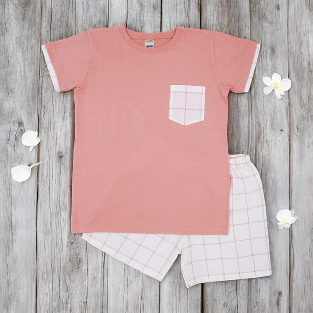 Peach T-Shirt & White & Peach Graph Check Shorts Set front