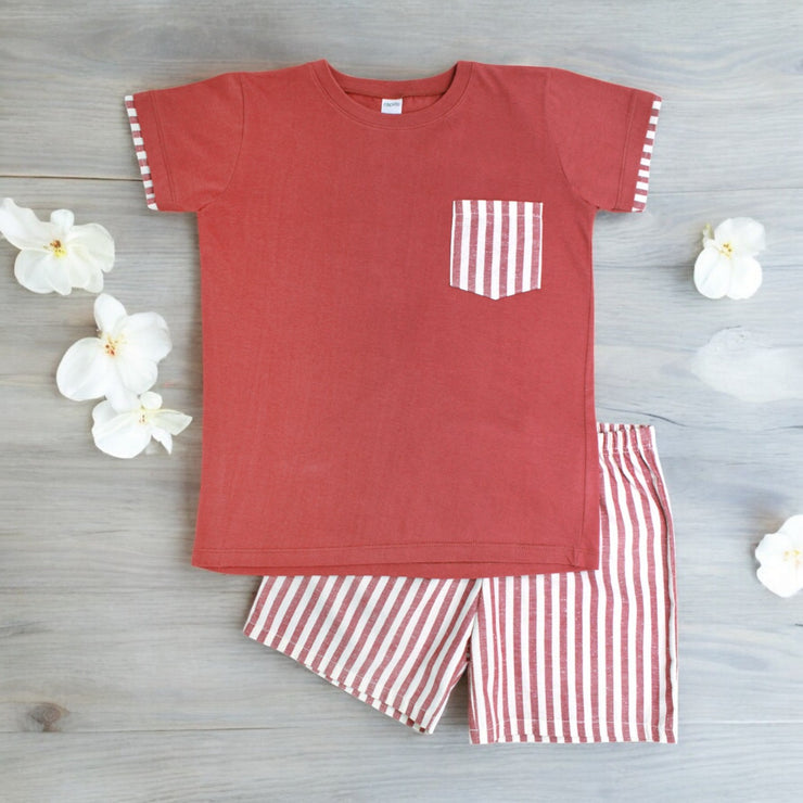 Rapife Red & White Stripe T-Shirt & Shorts Set front