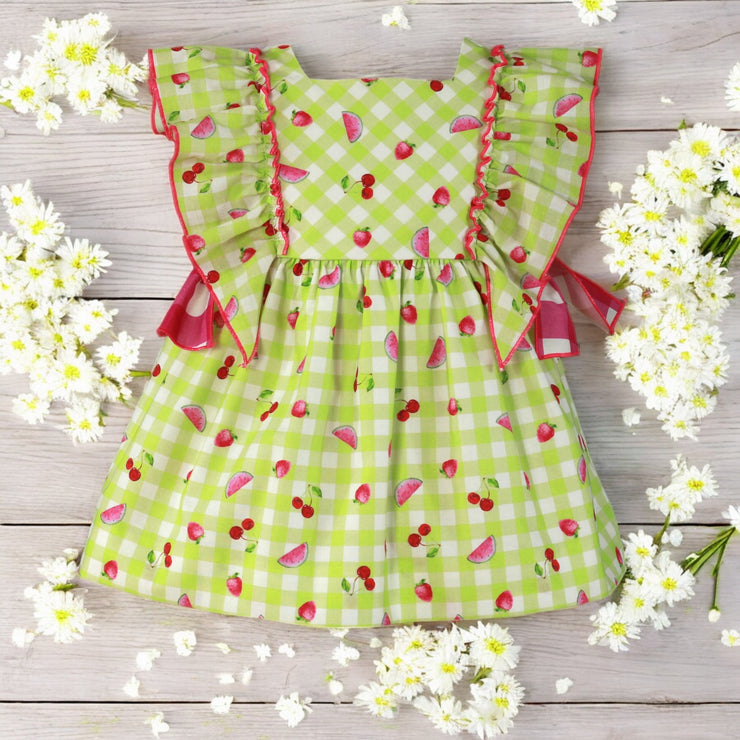 Pink Fruits & Lime Green Ruffle Bib Dress