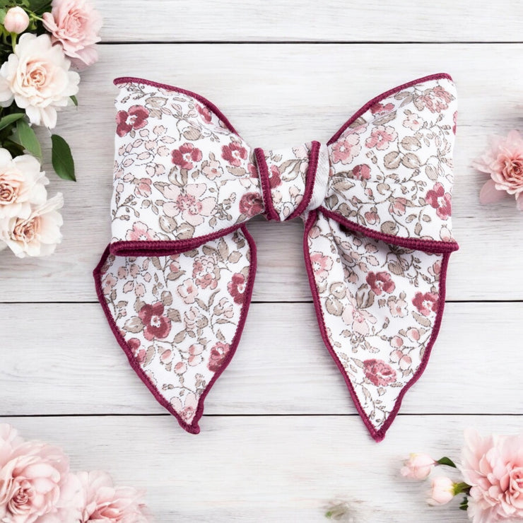 Cream & Burgundy Floral Bow Hair Slide