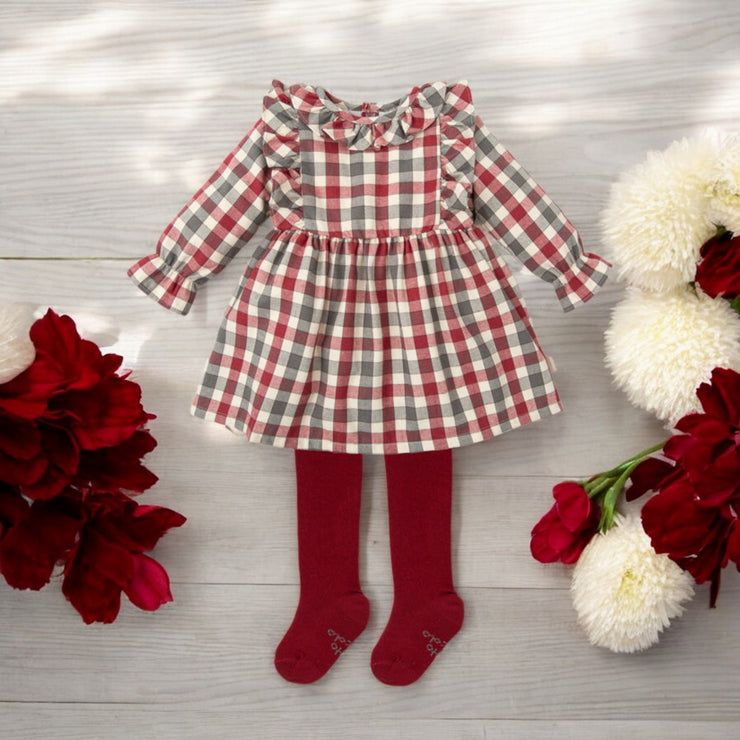 Burgundy & Grey Gingham Dress & Tights