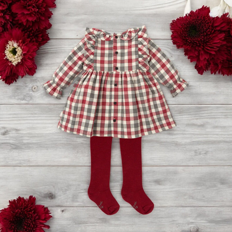 Burgundy & Grey Gingham Dress & Tights Back