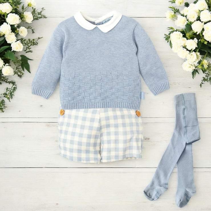 Blue Knitted Top & Gingham Short Set