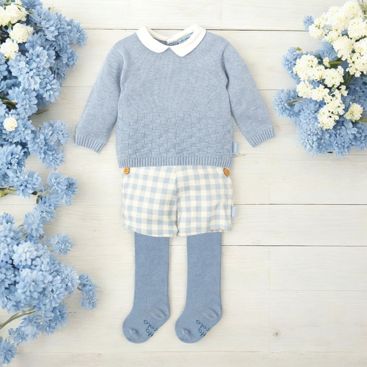 Blue Knitted Top & Gingham Short Set