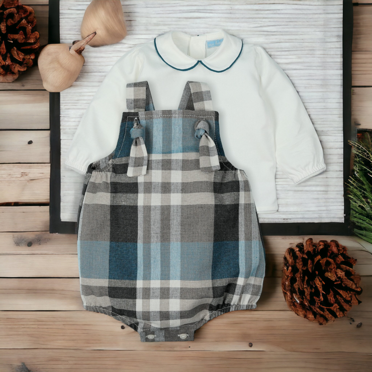 White Shirt & Duck Egg Blue Tartan Romper