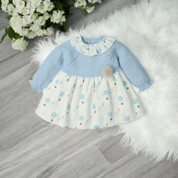 Cloud Blue Half Knit Bear Print Dress