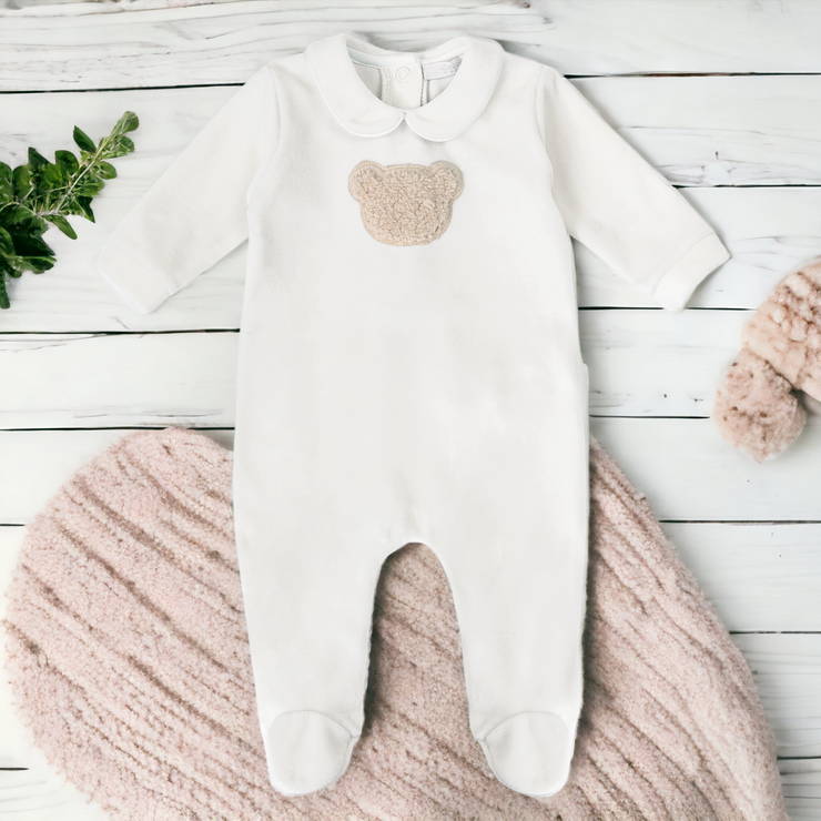 Cream Velour Teddy Sleepsuit