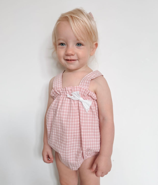 Pink & White Check Dungaree Romper