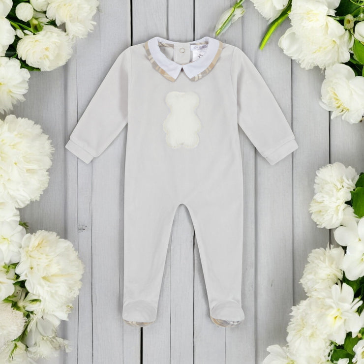 Grey Velour Bear Sleepsuit