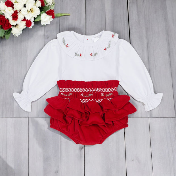 White Blouse & Red Velvet Ruffle Bloomers