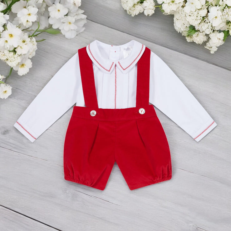 Red Velvet & White Dungaree Romper Set