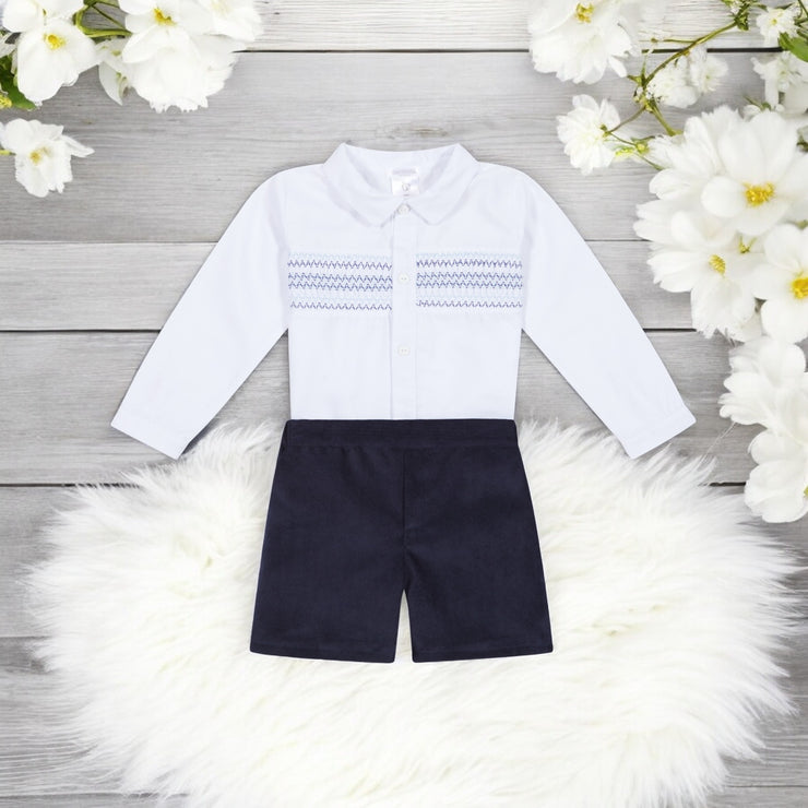 White Smocked Shirt & Short Set