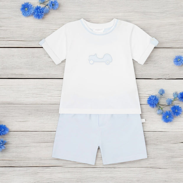 Blue & White Vintage Toy Car Top & Shorts