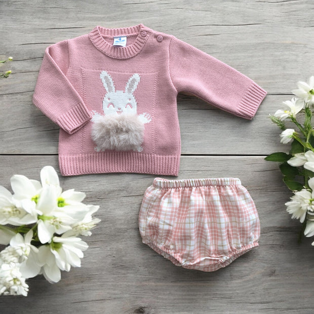 Dusky Pink Knitted Rabbit Top & Tartan Jam Pants