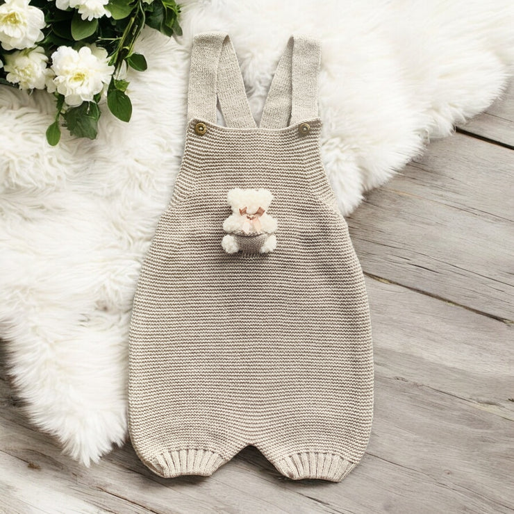 Beige Knitted Dungaree Bear Romper