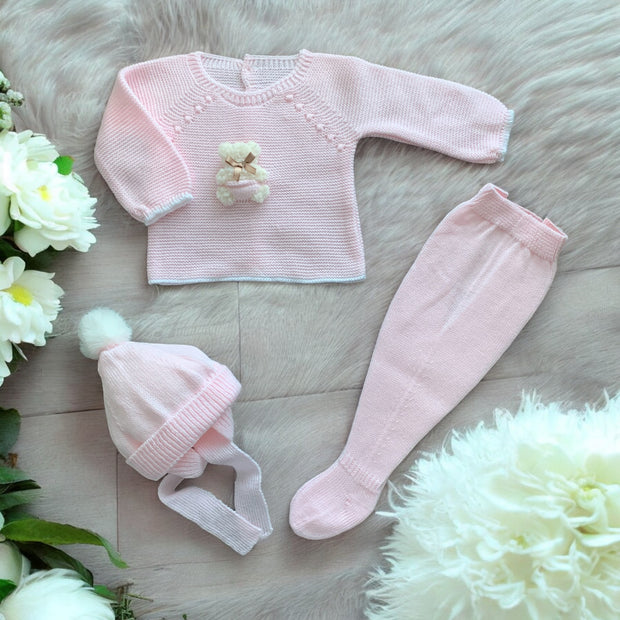 Pink Knitted Bear Three Piece Set