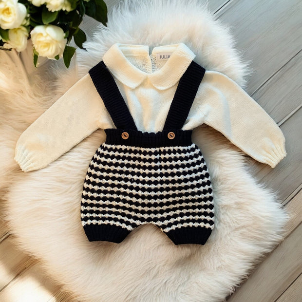 Navy & Cream Knitted Dungaree Romper Set