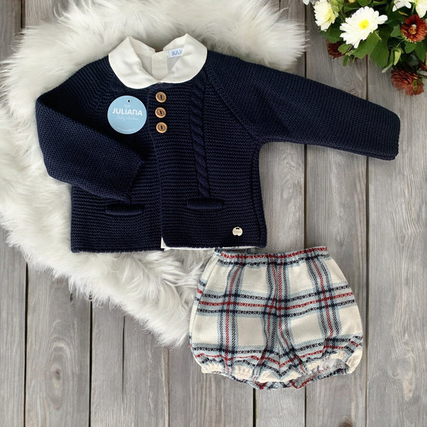 Navy Knitted Cardigan & Tartan Jam Pant Set