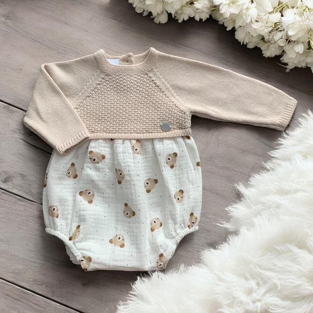 Oatmeal Half Knitted Bear Romper