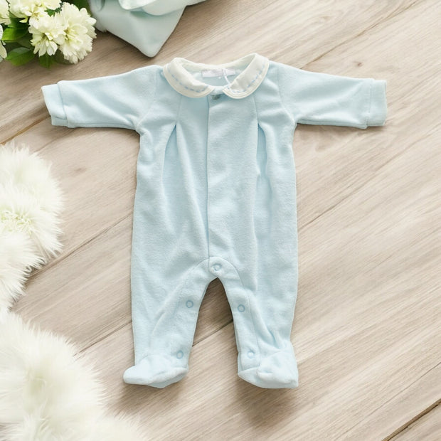 Blue & White Velour Sleepsuit