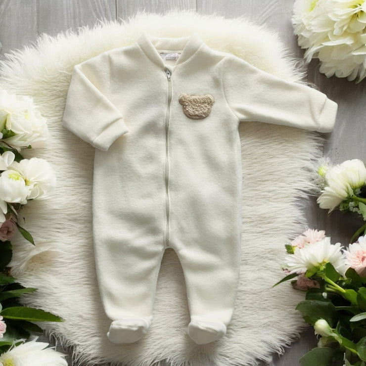 Cream Velour Teddy Sleepsuit