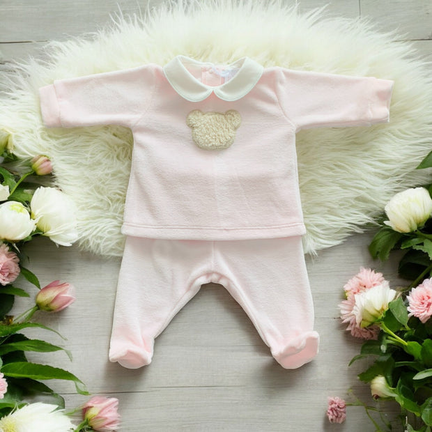 Pink & White Teddy Bear Velour Top & Bottoms