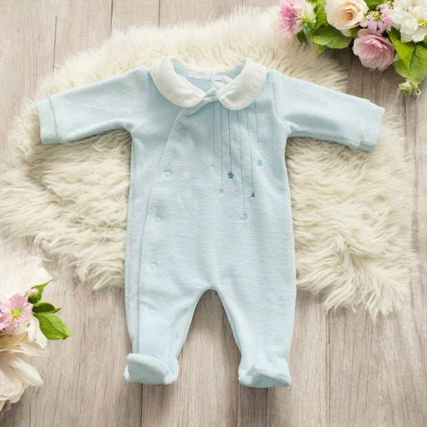 Blue & White Star Velour Sleepsuit