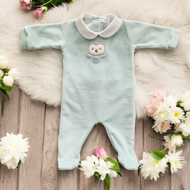 Sage Green Velour Owl Sleepsuit