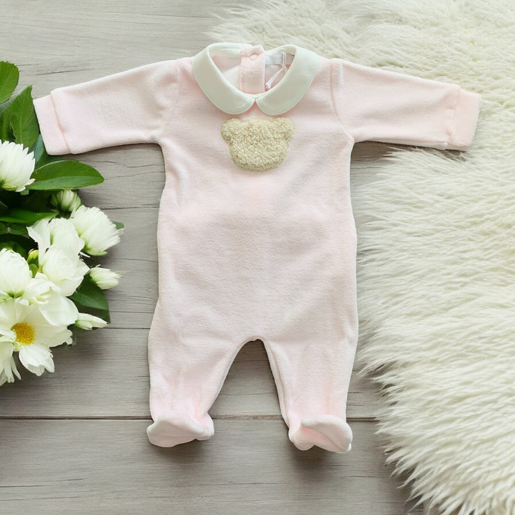 Pink & White Teddy Velour Sleepsuit