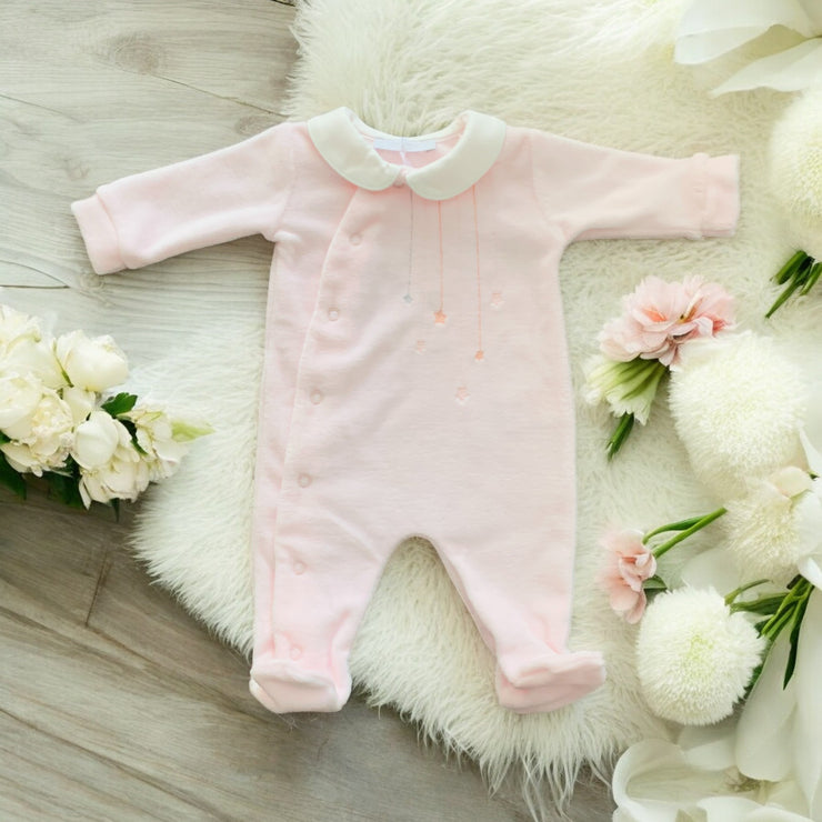 Pink & White Star Velour Sleepsuit