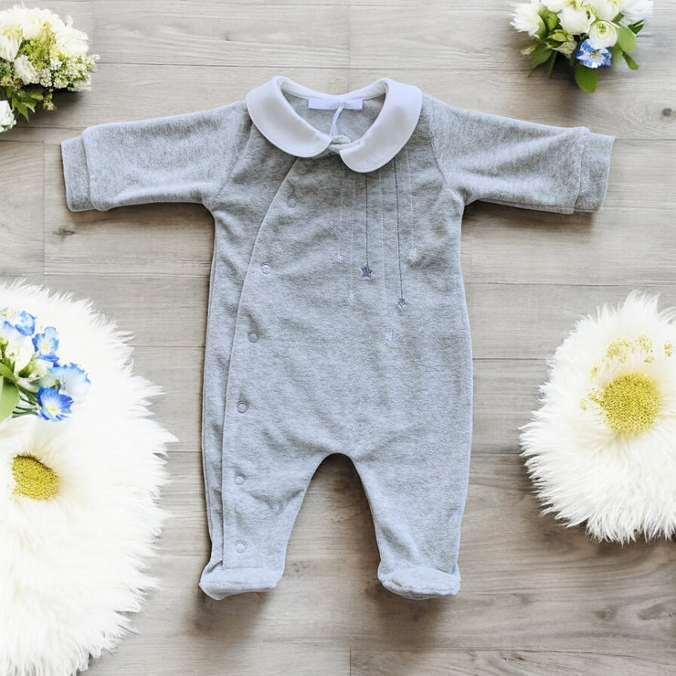 Grey & White Star Velour Sleepsuit