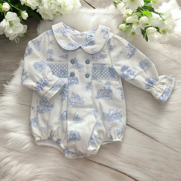 Dusky Blue & Ivory Toile De Jouy Romper