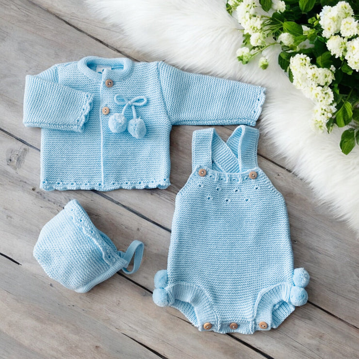 Blue Knitted Pom Pom Top & Romper Set