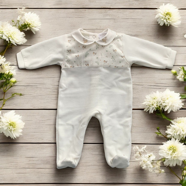 Cream Robin Velour Sleepsuit