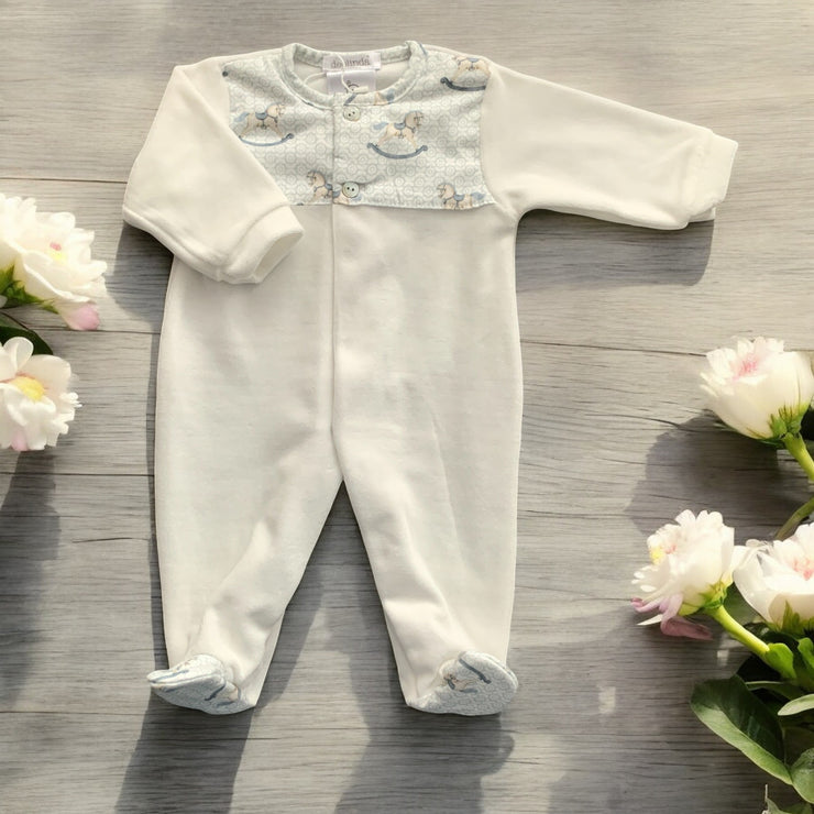 Cream & Blue Rocking Horse Velour Sleepsuit