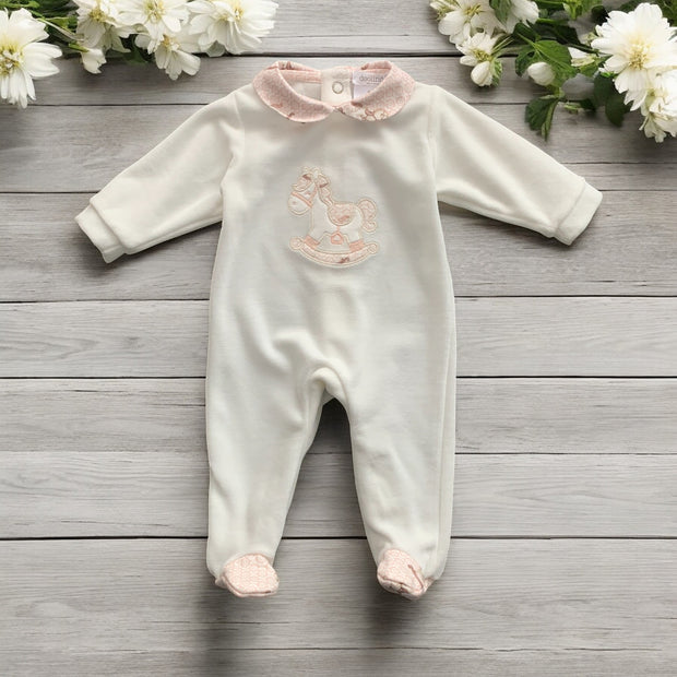 Deolinda Cream Rocking Horse Velour Sleepsuit