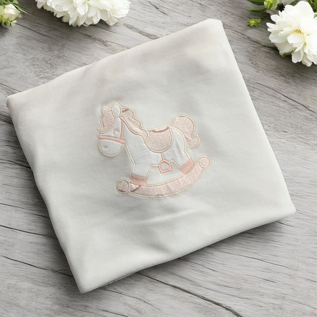 Cream & Pink Rocking Horse Velour Blanket