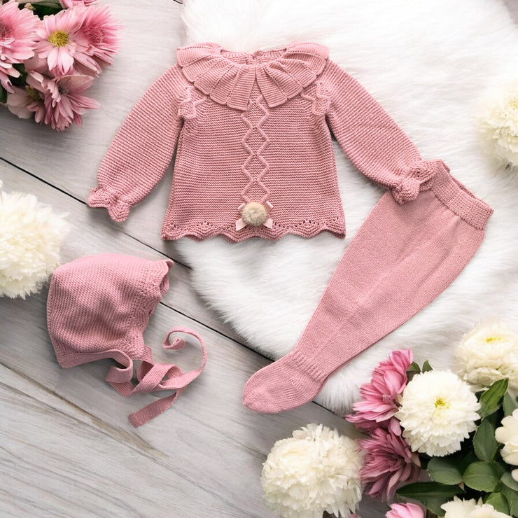 Dusky Pink Ruffle Knitted Three Piece set