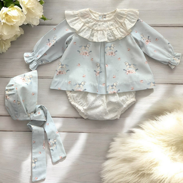 Vintage Blue Rocking Horse Top & Bloomers