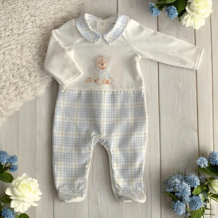 White Velour & Beige Tartan Bear Sleepsuit