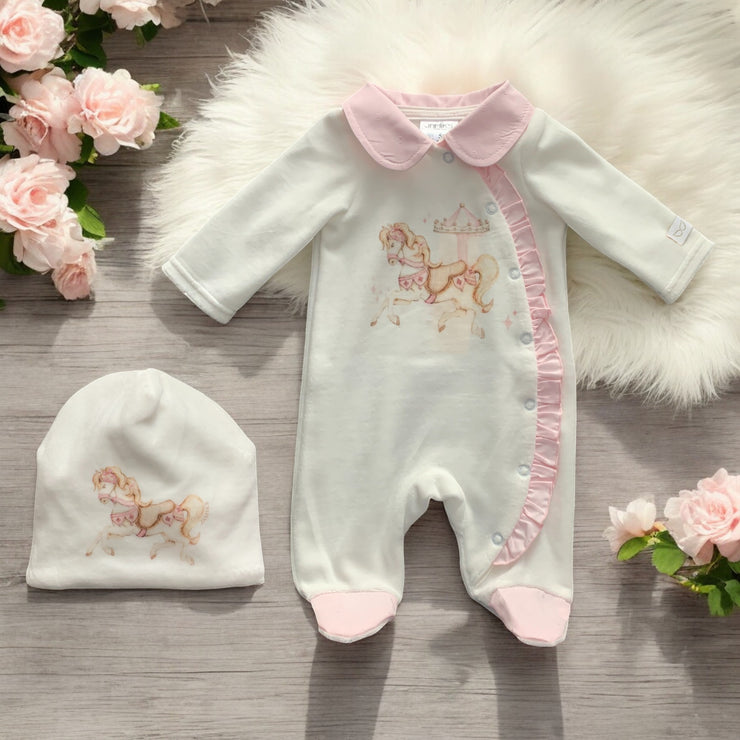 White & Pink Velour Carousel Sleepsuit Set