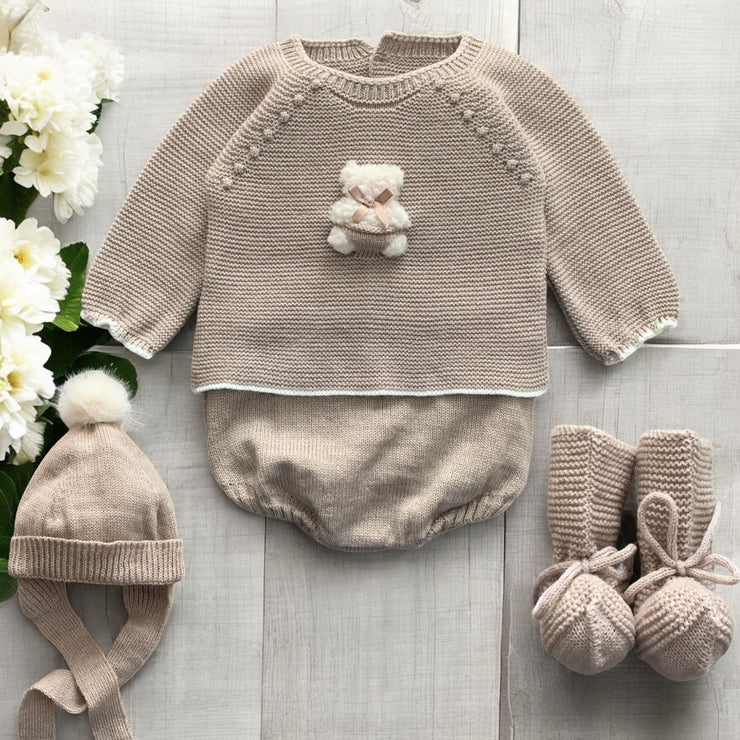 Beige Knitted Bear Jam Pants Set