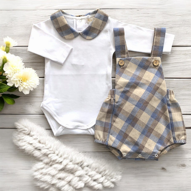 White Bodysuit & Stone & Blue Dungaree Romper Set