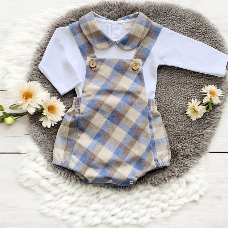 White Bodysuit & Stone & Blue Dungaree Romper Set