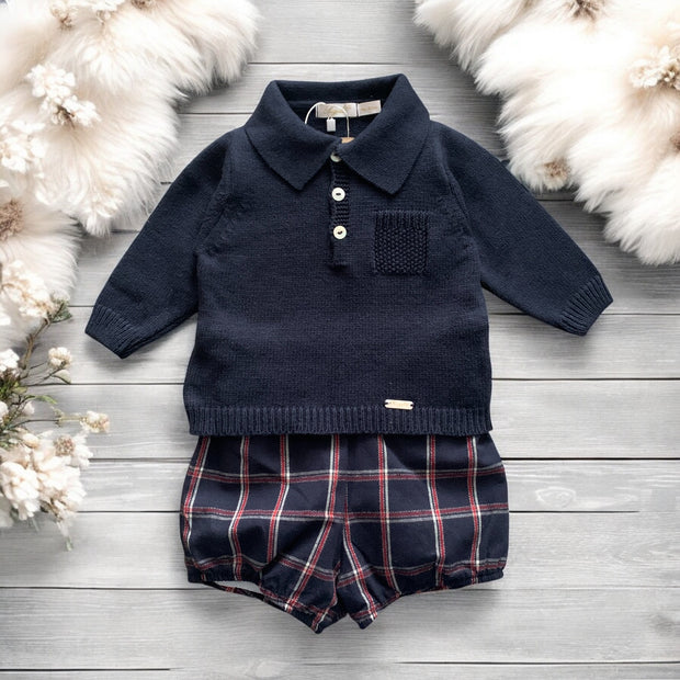 Navy Knitted Polo & Check Jam Pants