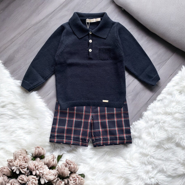 Navy Knitted Polo & Check Shorts