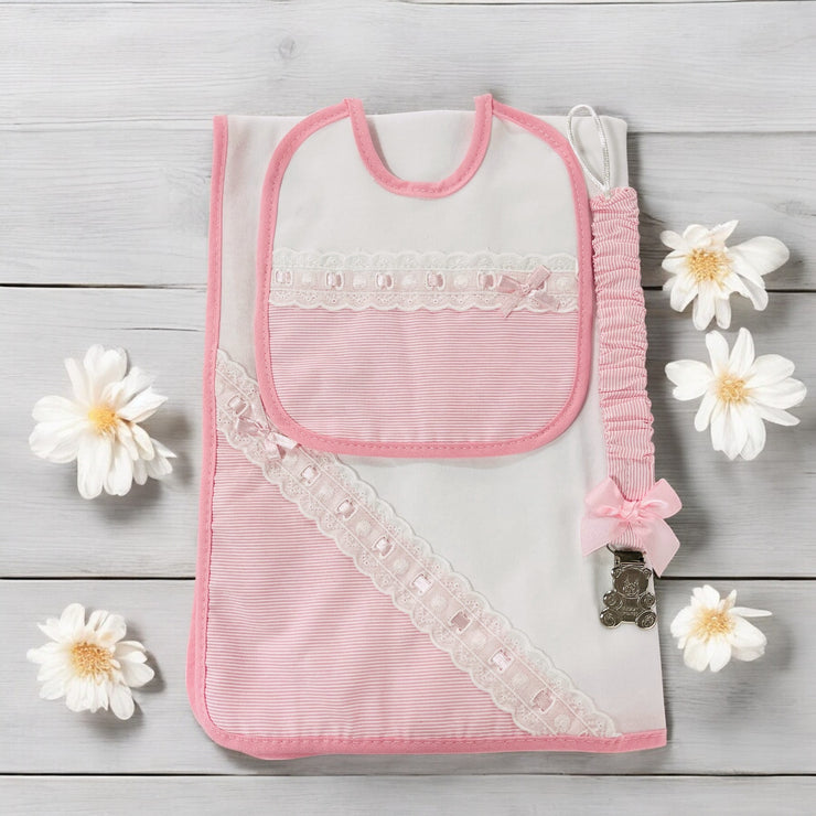 Sardon White & Pink Dummy Clip Shawl & Bib Gift Set