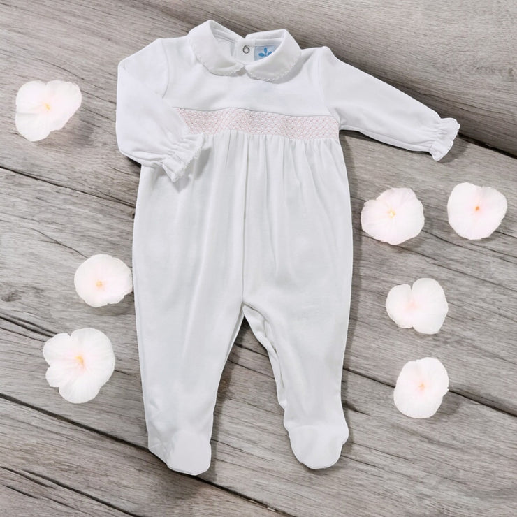 Sardon White & Pink Smocked Sleepsuit